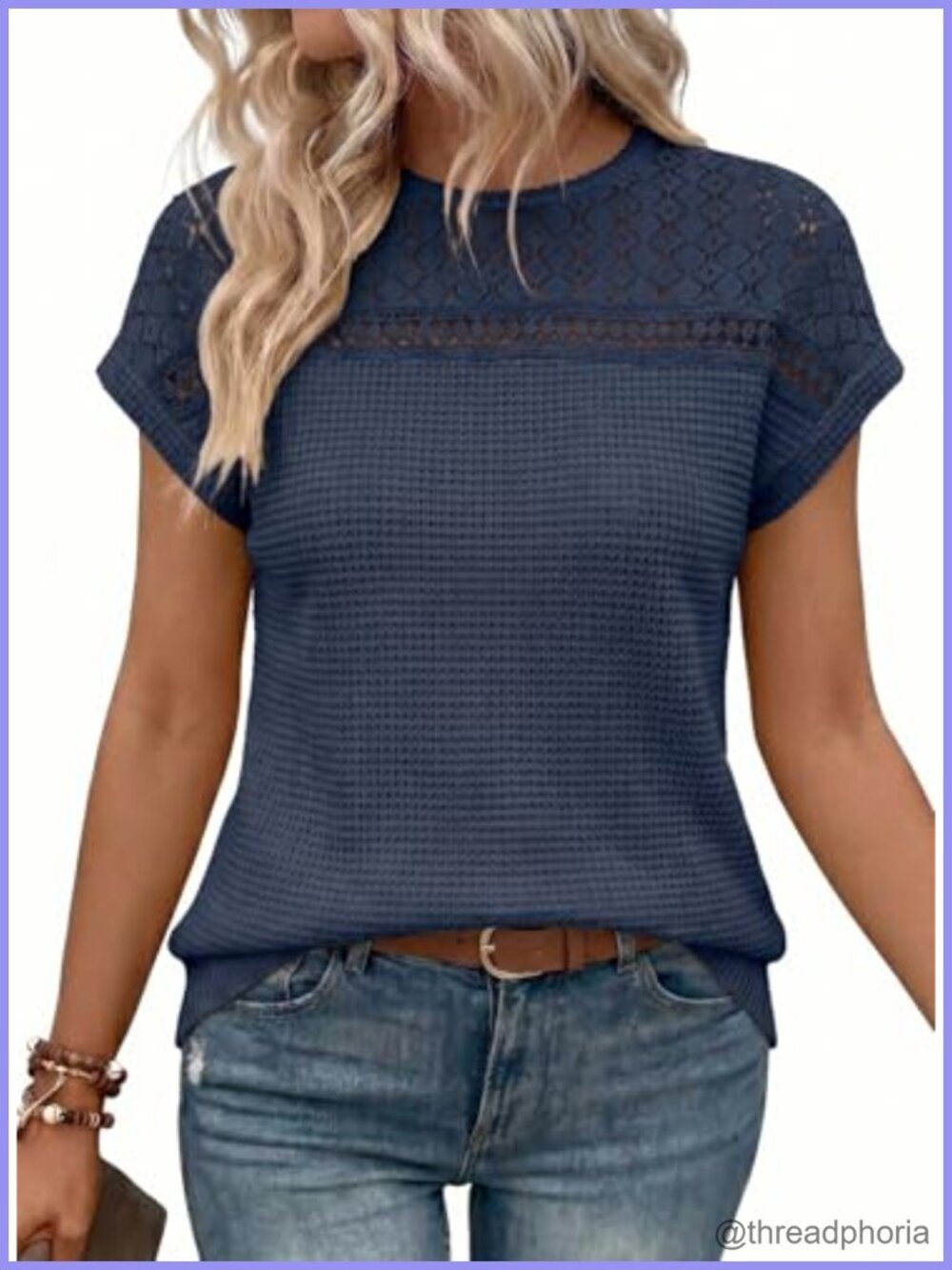 Waffle Knit Scoop Neck Short Sleeve Tunic Top Loose Fit Pullover